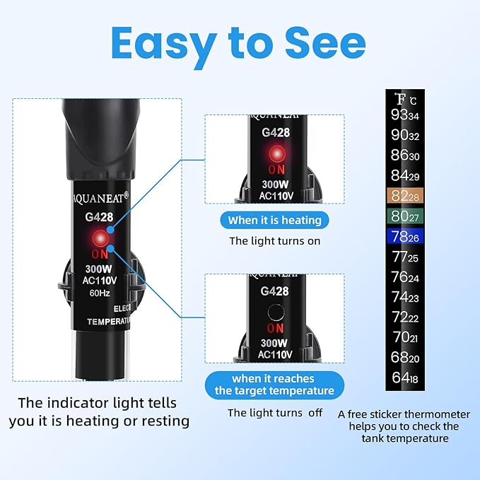 AQUANEAT Aquarium Heater, 300W Fish Tank Heater, Adjustable Submersible Water Thermostat with Thermometer Aquaneat