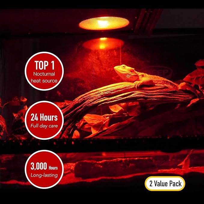 Reptile Red Heat Lamp, 2-Pack 75W Infrared Basking Bulbs Light for Reptiles, Night Red Basking Light for Bearded Dragon, Lizard, Gecko,Turtle, Reptile Red Heat Bulb ReptiKing