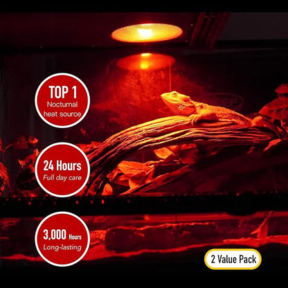 Reptile Red Heat Lamp, 2-Pack 75W Infrared Basking Bulbs Light for Reptiles, Night Red Basking Light for Bearded Dragon, Lizard, Gecko,Turtle, Reptile Red Heat Bulb ReptiKing