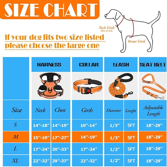 No Pull Dog Harness, Collar & Leash Set | Includes Dog Seat Belt, Collapsible Bowls & Poop Bag Dispenser. Ideal for Training, Walking, Hiking. Fits Small to Large Dogs(Orange-M) Lovebegetslove