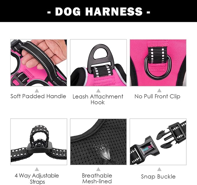 PHOEPET Reflective Dog Harness Large Breed Adjustable No Pull Vest with Handle 2 Metal Rings 3 Buckles [Easy to Put on & Take Off](XL, Pink) PHOEPET