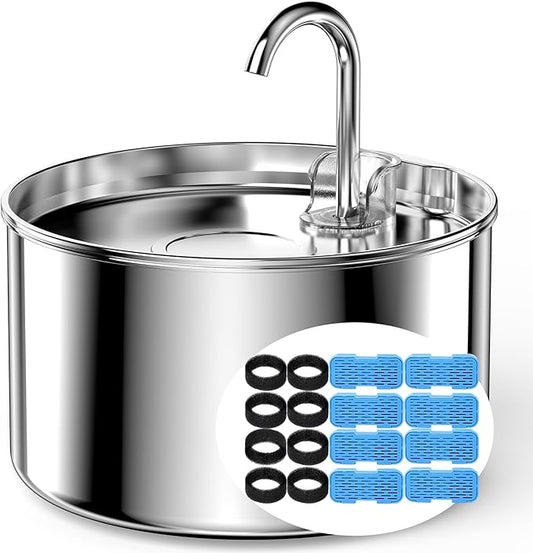 Cat Water Fountain Stainless Steel + 8 filters + 8 Sponges - Pet Water Fountains Faucet Metal Automatic Cat/Dog Waterer Bowls Pets Watering Running Bottle Water Dispenser for Drinking Ultra Quiet Pump - PAWPICO