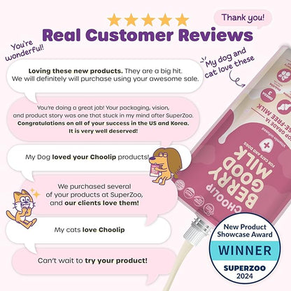 Berry Good Pet Milk. 10pk Vitamin-Infused Cat Milk, Dog, Kitten, Puppy Milk. Dog Bladder Support, Cat Kidney Support, Cat Urinary Supplement Cranberry, Omega 3, CoQ10, Glucosamine, Taurine CHOOLIP