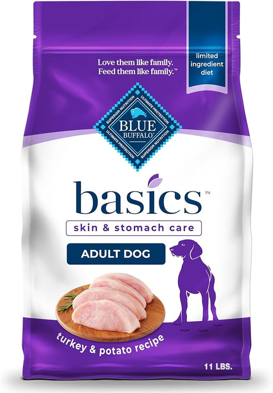 Blue Buffalo Basics Adult Dry Dog Food, Skin & Stomach Care, Limited Ingredient Diet for Dogs, Turkey Recipe, 11-lb. Bag - PAWPICO
