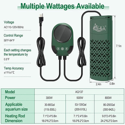 AQQA Aquarium Heater, 300W/500W/800W Submersible Fish Tank Heater with PTC Rapid Heating, Precise Digital Temperature Controller, LED Display with Memory Function for Up to 250 Gallon Freshwater Tank AQQA