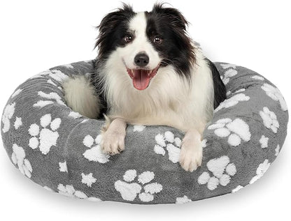 Donut Dog Beds for Medium Dogs, Calming Round Cat Beds for Indoor Cats, Cute 3D Textured Paw Pet Bed with Removable Washable Cover and Anti-Slip Bottom（Grey，30"） - PAWPICO