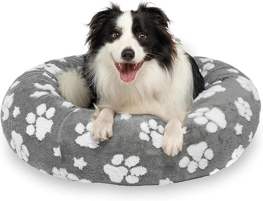 Donut Dog Beds for Medium Dogs, Calming Round Cat Beds for Indoor Cats, Cute 3D Textured Paw Pet Bed with Removable Washable Cover and Anti-Slip Bottom（Grey，30"） - PAWPICO