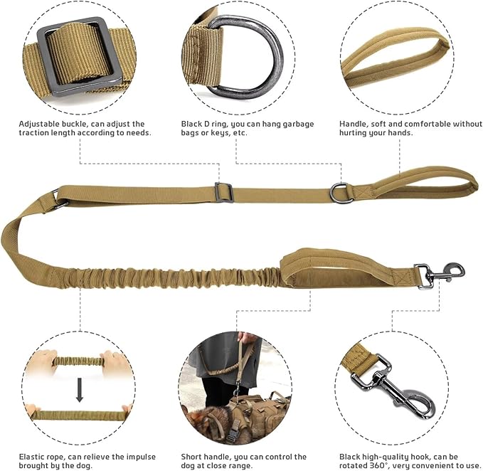 Forestpaw Tactical Dog Harness for Large Dogs,Tactical Dog Collar with Bungee Leash Set,No Pull Military Dog Harness for Dog Walking Training,Adjustable for Medium Large Dogs,Khaki S Forestpaw