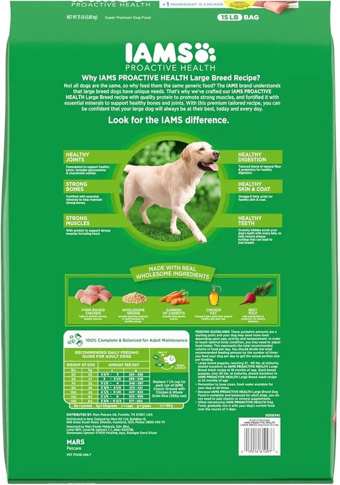 IAMS Proactive Health Large Breed Adult Dry Dog Food with Real Chicken, 15 lb. Bag - PAWPICO