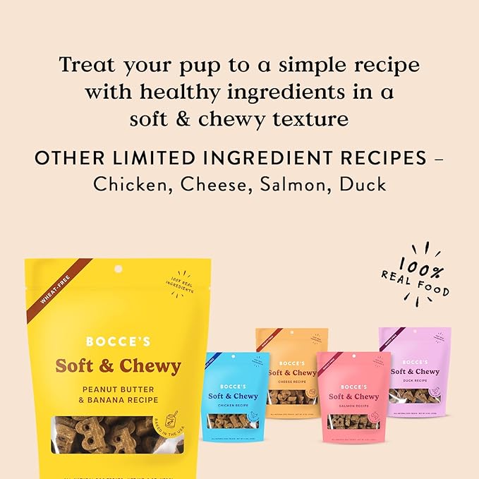 Bocce's Bakery Oven Baked PB & Banana Recipe Treats for Dogs, Wheat-Free Everyday Dog Treats, Real Ingredients, Baked in The USA, All-Natural Soft & Chewy Cookies, Peanut Butter & Banana, 6 oz - PAWPICO