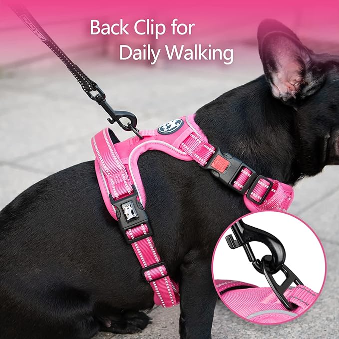 PoyPet No Pull Dog Harness, No Choke Reflective Dog Vest, Adjustable Pet Harnesses with Easy Control Padded Handle for Small Medium Large Dogs(Pink Matching Trim,S) PoyPet