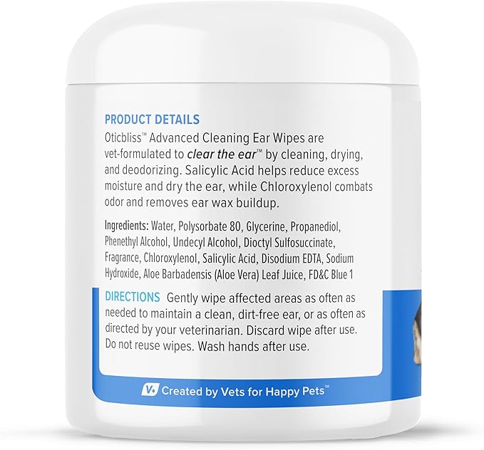 VETNIQUE Oticbliss Advanced Cleaning Ear Wipes for Dogs & Cats for Odor Control, Dirt and Wax Removal with Soothing Aloe Vera, Drying Agent and Vitamin E, Clear the Ear 100ct Wipes VetniqueLabs