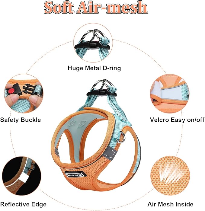 Mercano Soft Mesh Dog Harness and Leash Set, No-Chock Step-in Reflective Breathable Lightweight Easy Walk Escape Proof Vest Harnesses with Safety Buckle for Small Medium Dogs, Cats (XS, Orange Blue) PAWPICO