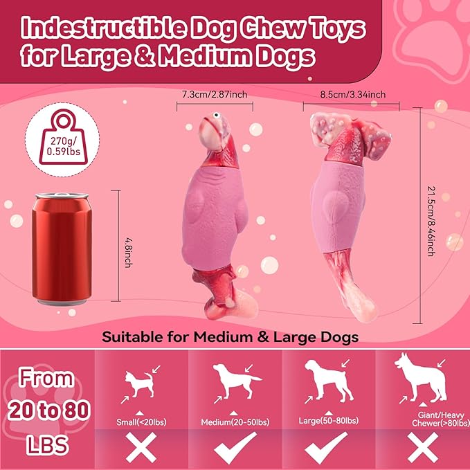 Dog Toys for Aggressive Chewers, Interactive Dog Chew Toys for Large Dogs, Indestructible Squeaky Dog Toys to Keep Them Busy, Tough Dog Toys for Medium/Large Breed Dogs (Pink, Hammerhead Shark) - PAWPICO