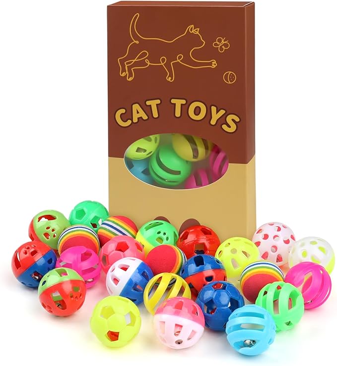 24pcs Value Pack Plastic Ball Cat Toys Lattice Balls with Bell Jingle Kitten Toy Rainbow Ball, Gift Box Styles - PAWPICO