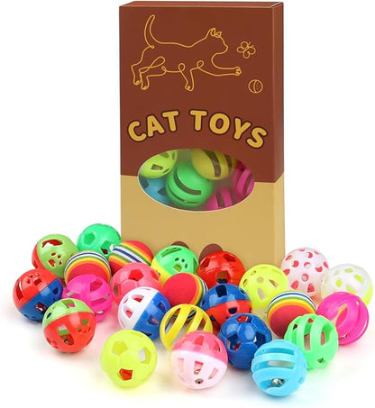 24pcs Value Pack Plastic Ball Cat Toys Lattice Balls with Bell Jingle Kitten Toy Rainbow Ball, Gift Box Styles - PAWPICO