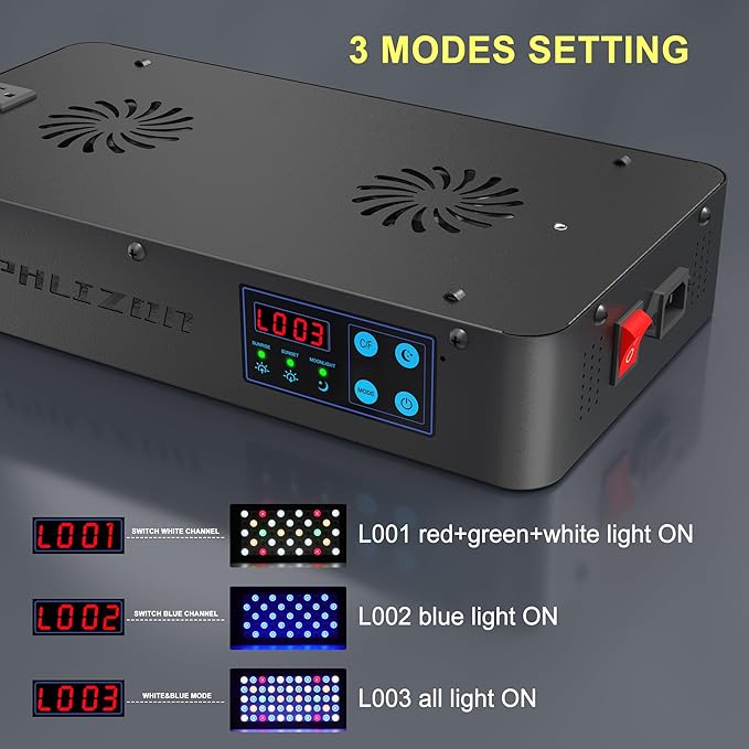 Phlizon Timer Control Dimmable 165W LED Aquarium Light with Temperature Monitor Full Spectrum Fish Tank Light for Grow Coral Reef Marine Fish Tank LPS/SPS Phlizon