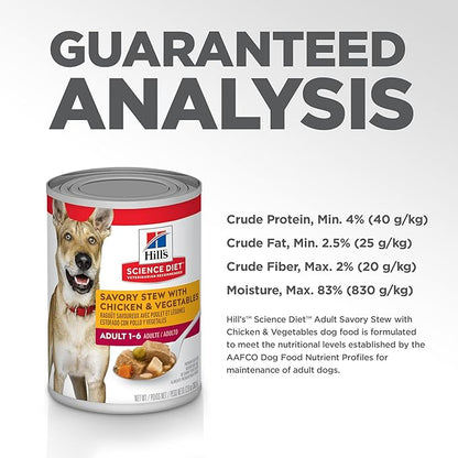 Hill's Science Diet Adult 1-6, Adult 1-6 Premium Nutrition, Wet Dog Food, Chicken & Vegetables Stew, 12.8 oz Can, Case of 12 - PAWPICO