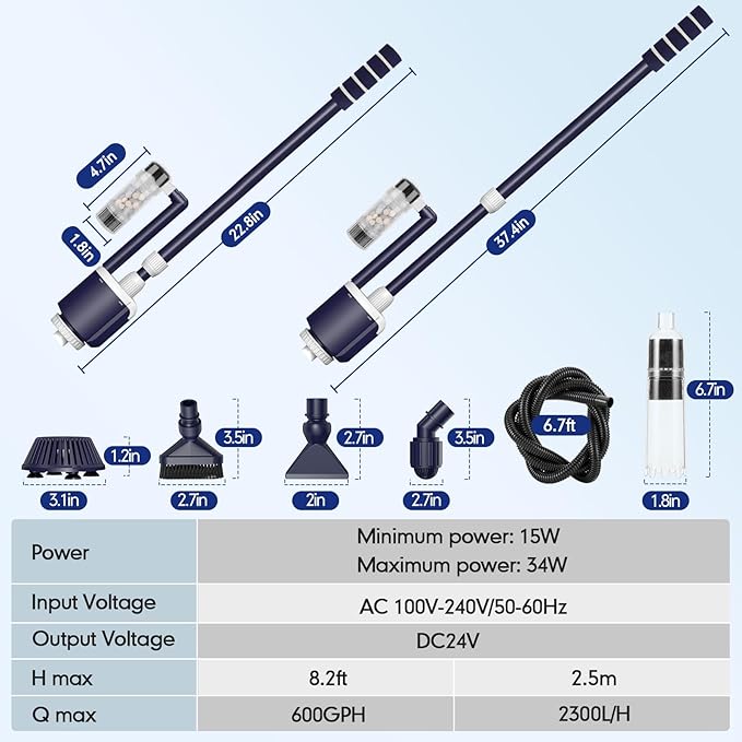 AQQA Fish Tank Cleaner,DC 34W/600GPH Adjustable Water Flow Aquarium Gravel Vacuum,Multi-Filtration Purifies Water Electric Cleaning Kit for Water Change Water Circulation Wash Sand Gravel 110V-240V AQQA