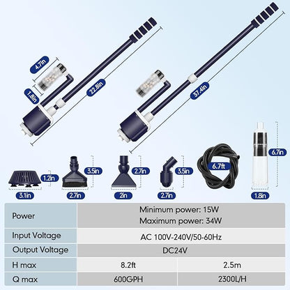 AQQA Fish Tank Cleaner,DC 34W/600GPH Adjustable Water Flow Aquarium Gravel Vacuum,Multi-Filtration Purifies Water Electric Cleaning Kit for Water Change Water Circulation Wash Sand Gravel 110V-240V AQQA