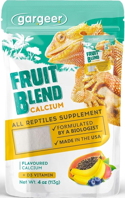 4oz All Reptile Calcium with Vitamin D3, Phosphorus-Free, Ultrafine Powder. Pure dust, Real Fruits Blend Flavored Ready to Use Supplement, for Lizards & Amphibians. Made in The USA. Enjoy ! Gargeer