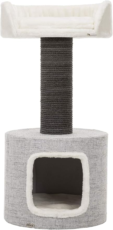 TRIXIE Fonda Cat Scratching Post 39 Inch - Cat Scratcher with Soft Fabric Covering Base and Durable Sisal Rope - for Large Cats with Condo Base and Platform - in Gray - PAWPICO
