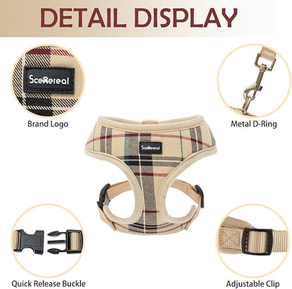 SCENEREAL Puppy Dog Harness with Leash Set for Small Medium Sized Dogs, Soft Mesh Step in Pet Harnesses and Leash, No Chock Plaid Adjustible No Pull Vest for Dogs Cats, Chihuahua,Bulldog (Beige S) SCENEREAL
