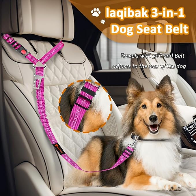Removable Dog Seat Belt Harness for Car, 3 in 1 Pet Dog Car Seatbelt Leash, Retractable Restraint Secures to Vehicle Headrest & Adjustable Reflective Bungee Dog Seatbelt Tether, Rose laqibakProductcollection