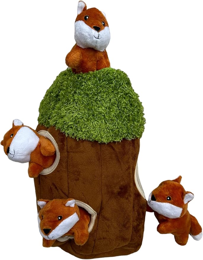 Fox in Tree Hide and Seek Dog Toy for Small and Medium Size Dogs, Plush Fox Inside Trunk Dog Toy with Squeaker, Interactive Burrow Dog Toy (Tree with Fox, Medium) - PAWPICO