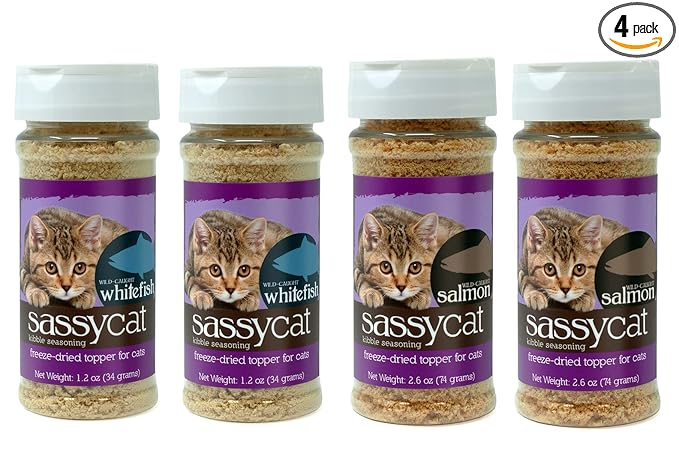 Herbsmith Sassy Cat Kibble Seasoning – Freeze Dried Whitefish – Cat Food Topper for Picky Eaters [Bundle of 4, x2 Whitefish & x2 Salmon] - PAWPICO
