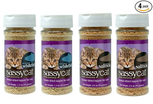 Herbsmith Sassy Cat Kibble Seasoning – Freeze Dried Whitefish – Cat Food Topper for Picky Eaters [Bundle of 4, x2 Whitefish & x2 Salmon] - PAWPICO