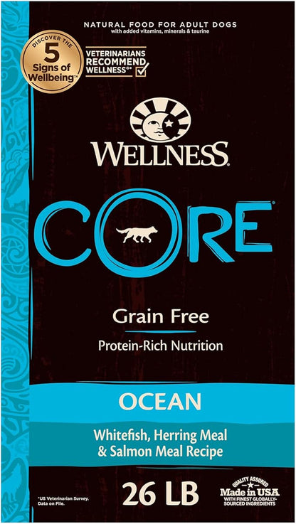 Wellness CORE Grain-Free High-Protein Dry Dog Food, Natural Ingredients, Made in USA with Real Meat, All Breeds, For Adult Dogs (Ocean Whitefish, Herring & Salmon, 26-Pound Bag) - PAWPICO