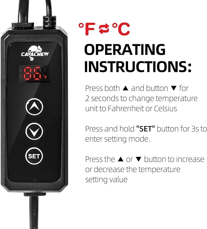 Dimming Thermostat Reptile, Thermostat for Reptile Heat Lamp Mats Bulbs, PID Temperature Controller for Reptile Amphibian Habistat, Memory Function, LED Digital Screen, Sensitive Probe, 300W CAVACHEWReptileSupplies