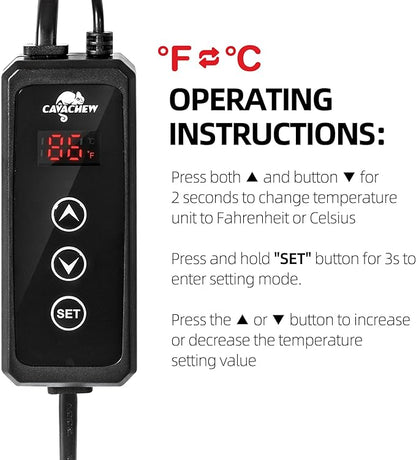Dimming Thermostat Reptile, Thermostat for Reptile Heat Lamp Mats Bulbs, PID Temperature Controller for Reptile Amphibian Habistat, Memory Function, LED Digital Screen, Sensitive Probe, 300W CAVACHEWReptileSupplies