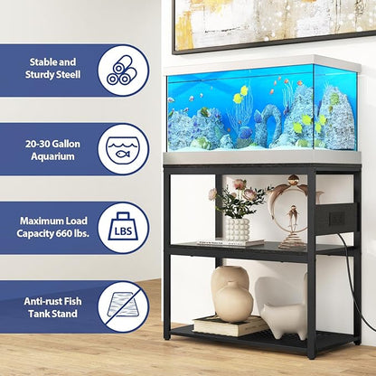 20-29 Gallon Fish Tank Stand with Power Outlets, 3-Tier Metal Aquarium Stand, Breeder Reptile Tank Stand with Shelf for Home Office, 660LBS Capacity, 29.5 x 15.8 x 30.1 inches, Black Livofloral