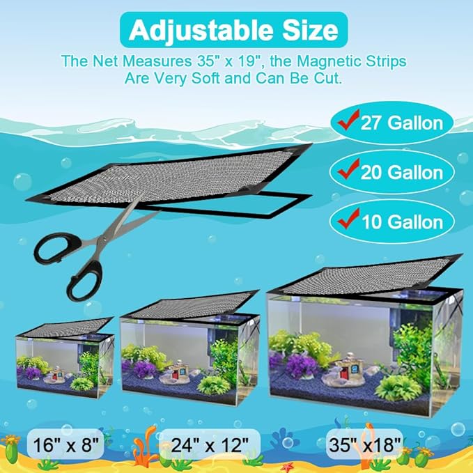 Magnetic Aquarium Cover Lid, DIY Fish Tank lid Anti-Jumping net Cover mesh Terrarium lid Aquarium Hood，Adjustable Size Fit Tank Size Max 35''X19'' Jaxbo