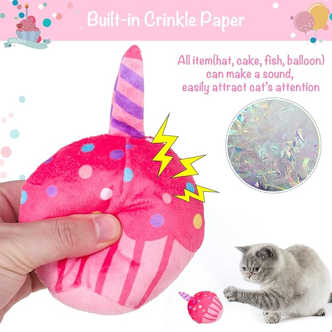 BINGPET Catnip Toys for Indoor Cats, Cat Birthday Hat and Interactive Plush Kitten Chew Toys - Cute Cake, Fish, Balloon Toys with Crinkle Paper and Catnip Inside Pink - PAWPICO