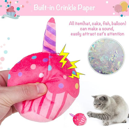 BINGPET Catnip Toys for Indoor Cats, Cat Birthday Hat and Interactive Plush Kitten Chew Toys - Cute Cake, Fish, Balloon Toys with Crinkle Paper and Catnip Inside Pink - PAWPICO