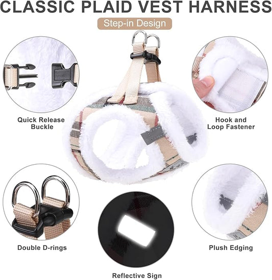 EXPAWLORER Fleece Lined Step-in Dog Harness - Soft Plush Padded Puppy Harness and Leash Set with Adjustable Dog Collar, No Pull Escape Proof Suede Dog Vest Harness for Small Dogs, Khaki S EXPAWLORER