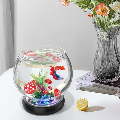hygger 0.5 Gallon/1 Gallon Glass Fish Bowl with LED Light and Decor, Small Round Betta Fish Tank Goldfish Bowl, Round Clear Unbreakable Aquarium/Vase/Hydroponic Plant Terrarium, Nice Centerpieces hygger