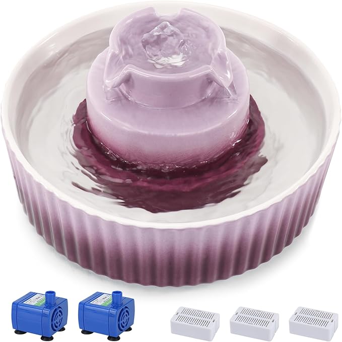 Ceramic Cat Water Fountain, 2.1L/71oz Cat Fountain with 3 Carbon Filters and 2 Water Pumps, Cupcake Pet Water Fountain for Cats and Dogs (Purple) - PAWPICO