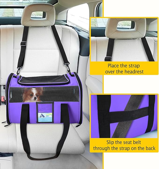 Refrze Pet Carrier Airline Approved, Cat Carriers for Medium Cats Small Cats, Soft Dog Carriers for Small Dogs Medium Dogs, TSA Approved Pet Carrier for Cats Dogs of 15 Lbs, Puppy Carrier,Purple - PAWPICO