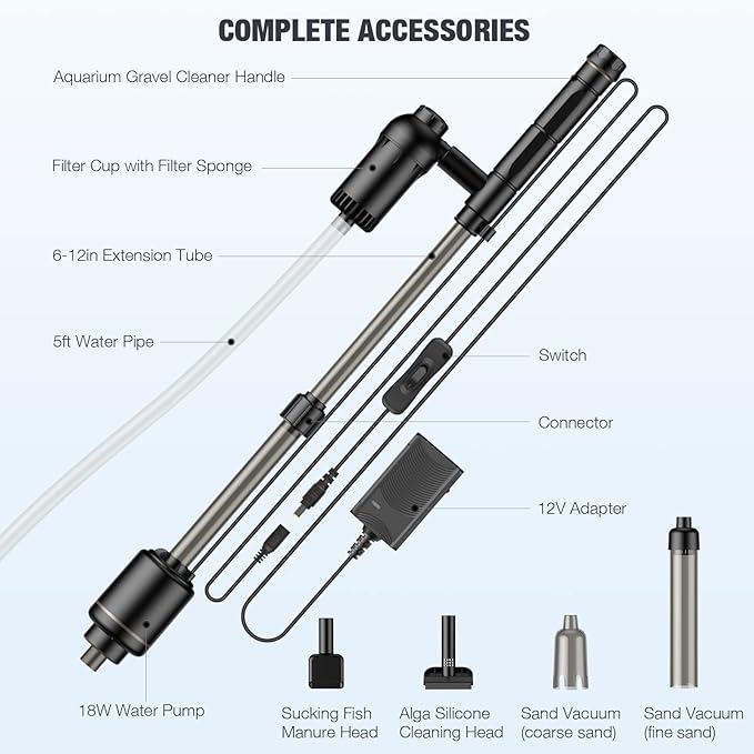 AKKEE Aquarium Vacuum Gravel Cleaner, 6 in 1 Multifunctional 18W Fish Tank Gravel Cleaner Vacuum for Water Changer Wash Sand Water Filter Circulation Aquarium Vacuum Cleaner Waterproof IP68(Black) AKKEE