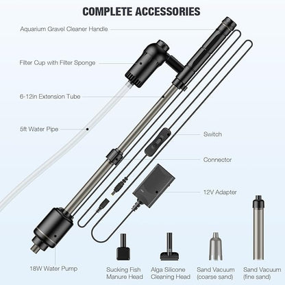 AKKEE Aquarium Vacuum Gravel Cleaner, 6 in 1 Multifunctional 18W Fish Tank Gravel Cleaner Vacuum for Water Changer Wash Sand Water Filter Circulation Aquarium Vacuum Cleaner Waterproof IP68(Black) AKKEE