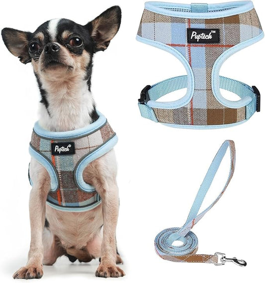 PUPTECK Soft Mesh Dog Harness and Leash Set Pet Puppy Cat Comfort Padded Vest No Pull Harnesses, Blue&Brown, XS PUPTECK