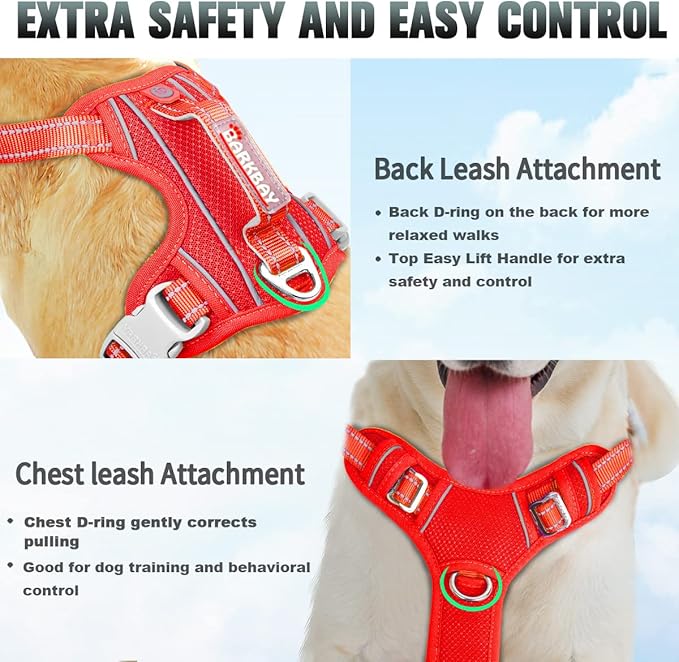 BARKBAY No Pull Dog Harness Large Reflective Dog Harness with Front Clip and Easy Control Handle for Walking Training Running with ID tag Pocket(Red,L) BARKBAY