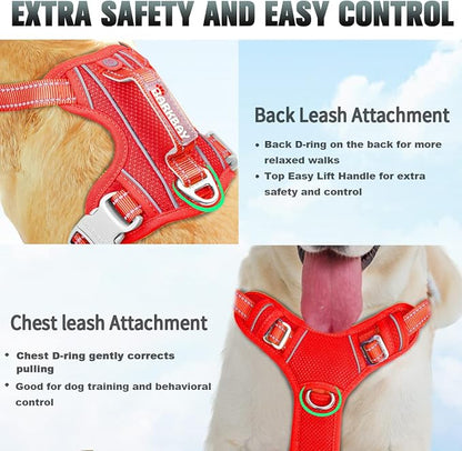 BARKBAY No Pull Dog Harness Large Reflective Dog Harness with Front Clip and Easy Control Handle for Walking Training Running with ID tag Pocket(Red,L) BARKBAY