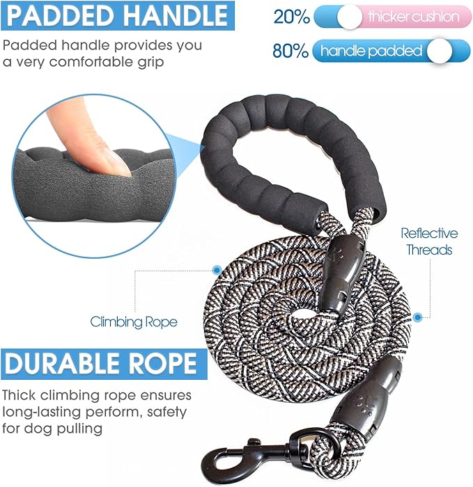 BAAPET 2/4/5/6 FT Dog Leash with Comfortable Padded Handle and Highly Reflective Threads for Small Medium and Large Dogs (5FT-1/2'', Black Silver) BAAPET