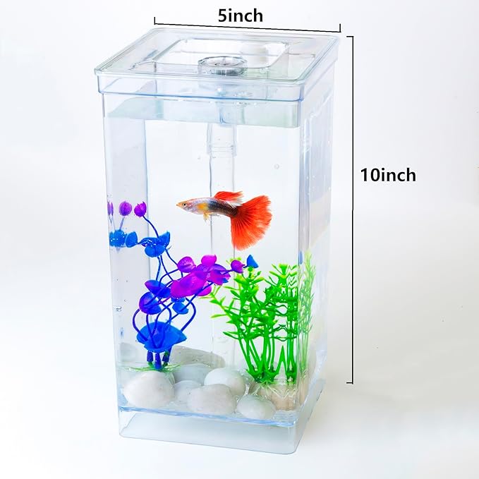 My First Fish Tank™ 1 Gallon Mini Small Fish Tank, Easy Maintenance, Self Cleaning-no Need Power, No Noise, with LED Light, Beautiful White Pebbles, Perfect Starter Kit for Kids ODOTTAA