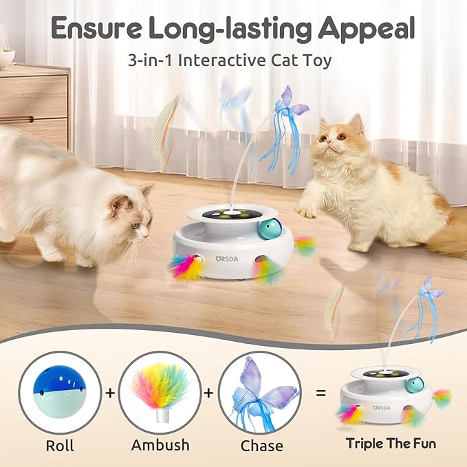 ORSDA Cat Toy, 3-in-1 Automatic Cat Toys for Indoor Cats, Electronic Whack a Mole, Fluttering Butterfly,Track Balls Kitten Toy, Rechargeable Power Interactive Feather Toys for All Breeds - PAWPICO